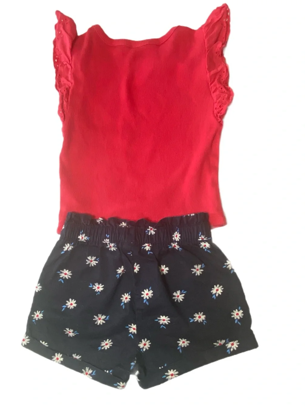 Baby GAP 3pc Set Red Top, Navy Floral Shorts & Red Straw Hat Size 3T